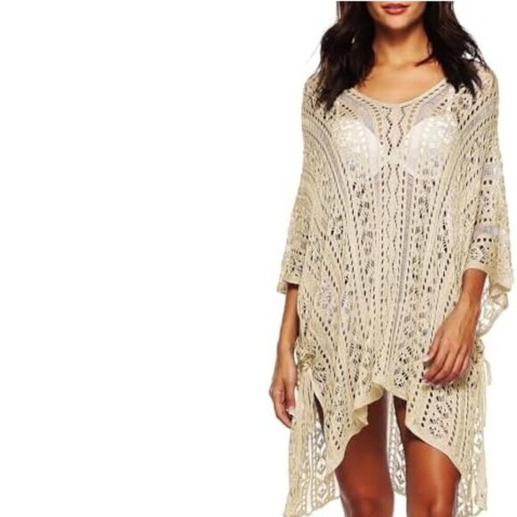 Women's Boho Canary Yellow Crochet Open Knit V Nech Poncho Swim Beach Cover - Picture 1 of 11